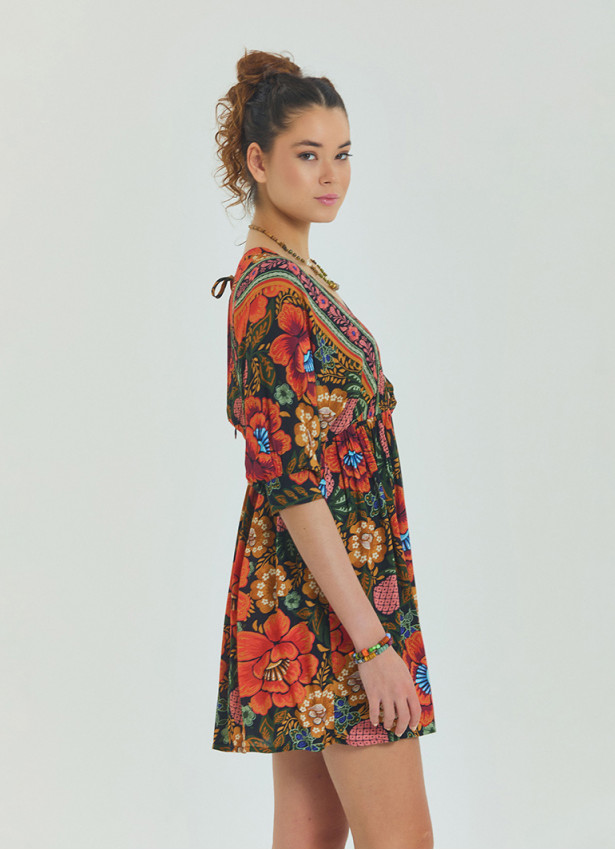 V Neck Elastic Waist Backless Black Floral Dress 4565